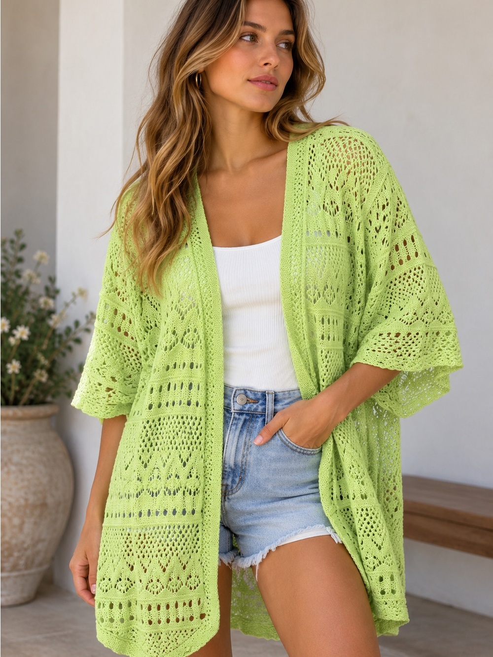 CJ Banks Lime Green Crochet Open-Front Swim Coverup